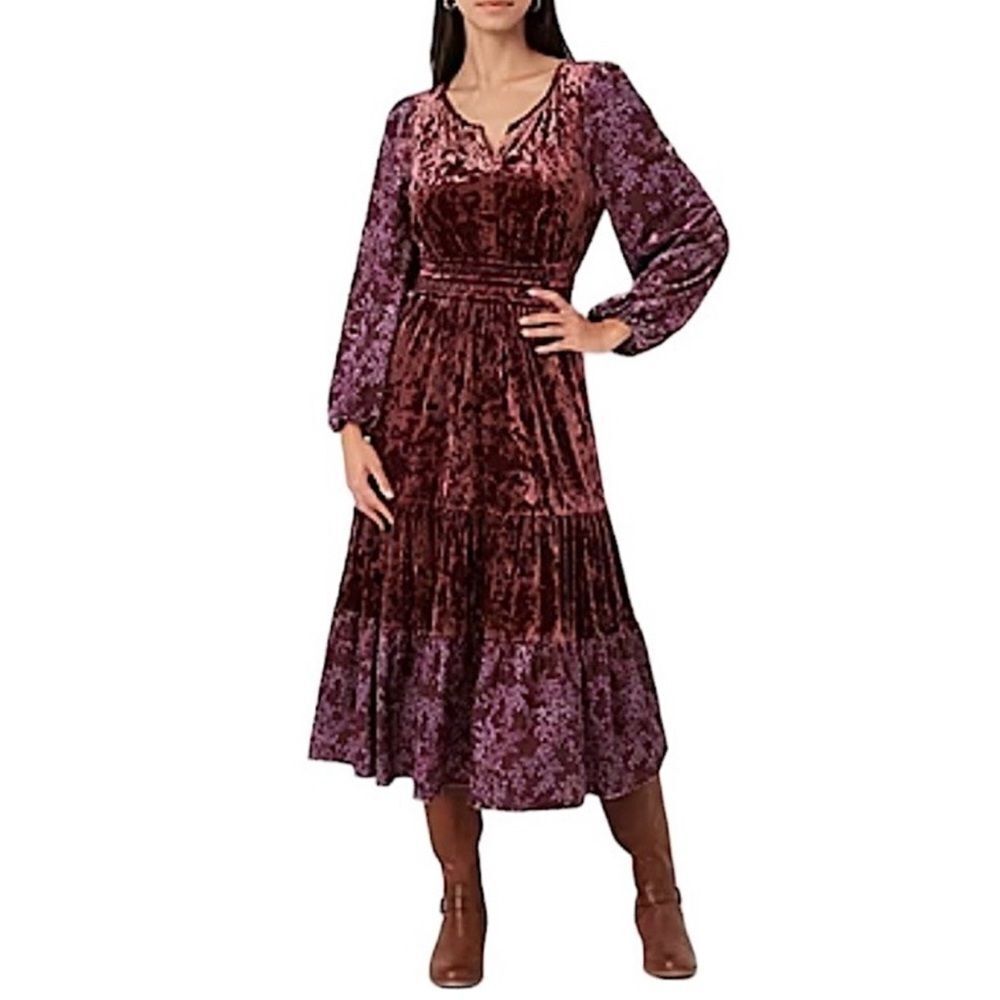 Frye and Co Burgundy Floral Velour Velvet Tiered Maxi Dress Women's Size L